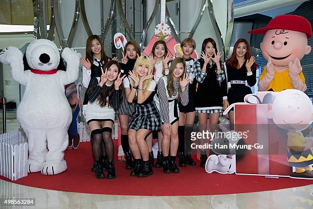 Girl group TWICE attend the photocall for "The Peanuts Movie" Seoul Premiere at the Lotte Department Store on November 24, 2015 in Seoul, South...