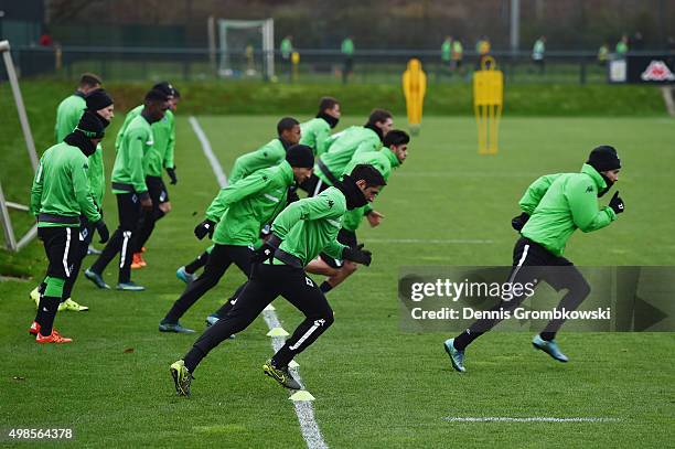 Borussia Moenchengladbach players practice during a training session ahead of their Champions League Group D match against Sevilla FC at...