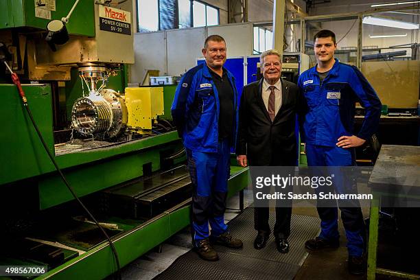 German President Joachim Gauck meets trainees at a job training facility at W. Eubel GmbH machine manufacturer on November 24, 2015 in Cologne,...