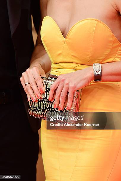 Nazan Eckes, detail of her Aigner clutch and jewelry, attends the Bambi Awards 2015 at Stage Theater on November 12, 2015 in Berlin, Germany.