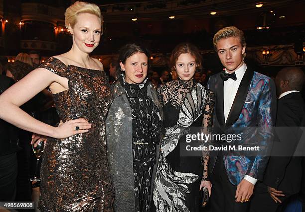 Gwendoline Christie, Katie Grand, Natalie Westling and Lucky Blue Smith attend a drinks reception at the British Fashion Awards in partnership with...