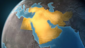 Map of Middle East: highlighted countries, looking west