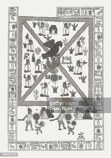 founding of mexico city, aztec manuscript, wood engraving, published 1881 - vellum stock illustrations