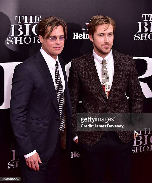 Brad Pitt and Ryan Gosling attend "The Big Short" New York Premiere at Ziegfeld Theater on November 23, 2015 in New York City.