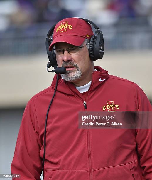 Head coach Paul Rhoads of the Iowa State Cyclones looks out onto the field against the Kansas State Wildcats during the first half on November 21,...
