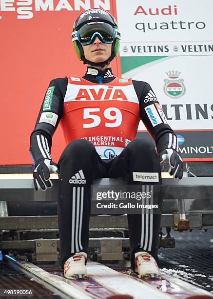 Jurij Tepes of Slovenia competes in the trial round of FIS Ski Jumping World Cup competition on November 21, 2015 in Klingenthal, Germany.