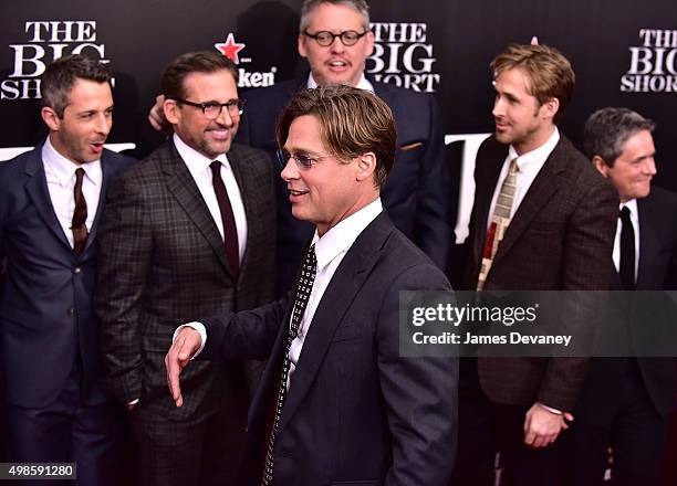 Jeremy Strong, Steve Carell, Adam McKay, Ryan Gosling, Brad Grey and Brad Pitt attend "The Big Short" New York Premiere at Ziegfeld Theater on...