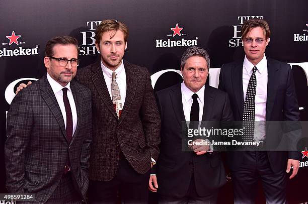 Steve Carell, Ryan Gosling, Brad Grey and Brad Pitt attend "The Big Short" New York Premiere at Ziegfeld Theater on November 23, 2015 in New York...