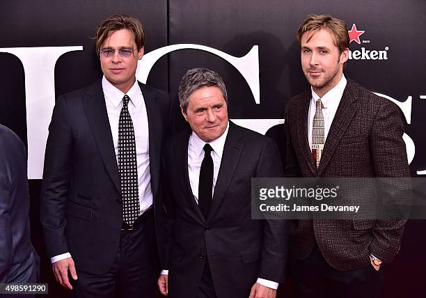 Brad Pitt, Brad Grey and Ryan Gosling attend "The Big Short" New York Premiere at Ziegfeld Theater on November 23, 2015 in New York City.