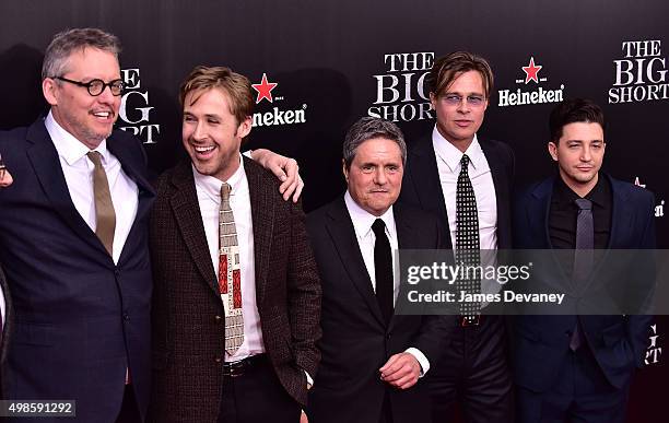Adam McKay, Ryan Gosling, Brad Grey, Brad Pitt and John Magaro attend "The Big Short" New York Premiere at Ziegfeld Theater on November 23, 2015 in...