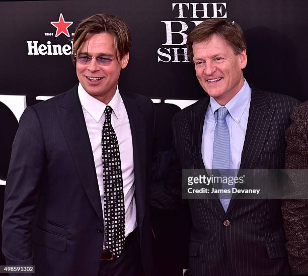 Brad Pitt and Michael Lewis attend "The Big Short" New York Premiere at Ziegfeld Theater on November 23, 2015 in New York City.