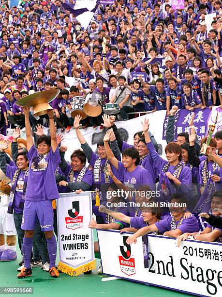 Sanfrecce Hiroshima players and staffs celebrate winning the J.League 2nd Stage Champions after the J. League match between Sanfrecce Hiroshima and...