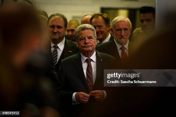 German President Joachim Gauck meets trainees at a job training facility at W. Eubel GmbH machine manufacturer on November 24, 2015 in Cologne,...