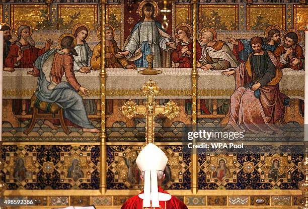 The Archbishop of Canterbury, Justin Welby faces the altar during the Inauguration Of The Tenth General Synod at Westminster Abbey on November 24,...