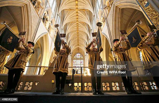 Household Cavalry trumpeters play during the Inauguration Of The Tenth General Synod at Westminster Abbey on November 24, 2015 in London, England.