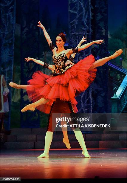 Dancers of the Hungarian National Ballet perform on stage of the Hungarian State Opera in Budapest on November 24, 2015 during their rehearsal of...