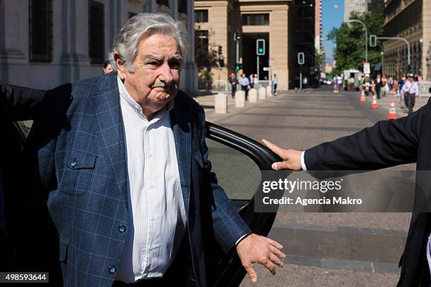 Former President of Uruguay Jose Mujica arrives to Palacio de la Moneda to meet with President of Chile Michelle Bachelet on November 24, 2015 in...