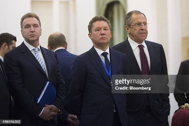 Igor Shuvalov, Russia's first deputy prime minister, left, Alexei Miller, chief executive officer of OAO Gazprom, center, and Sergei Lavrov, Russia's...
