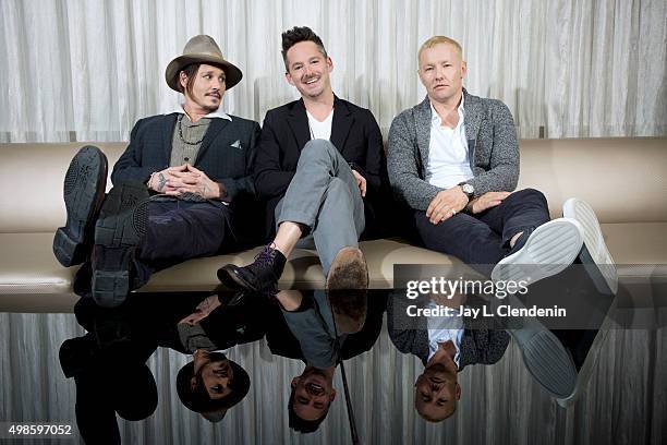 Joel Edgerton, Johnny Depp, and Scott Cooper of 'Black Mass' are photographed for Los Angeles Times on November 1, 2015 in Los Angeles, California....