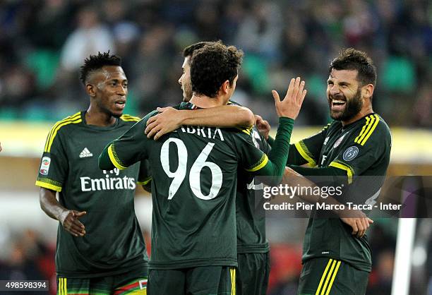 Team players of AC Milan celebrate the goal during a pre-season tournament between FC Internazionale, AC Milan and AS Bari at Stadio San Nicola on...