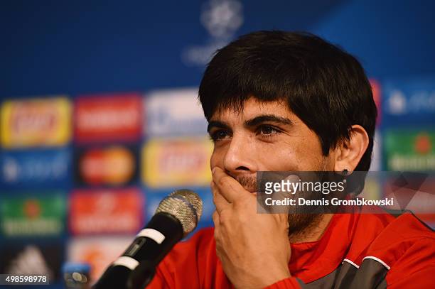 Ever Banega of Sevilla FC reacts during a press conference ahead of their UEFA Champions League Group D match against Borussia Moenchengladbach at...