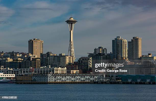 The waterfront, the Space Needle, and downtown skyline is viewed from the Bainbridge Island Ferry on November 4 in Seattle, Washington. Seattle,...