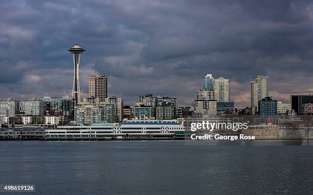 The waterfront, the Space Needle, and downtown skyline is viewed from the Bainbridge Island Ferry on November 4 in Seattle, Washington. Seattle,...