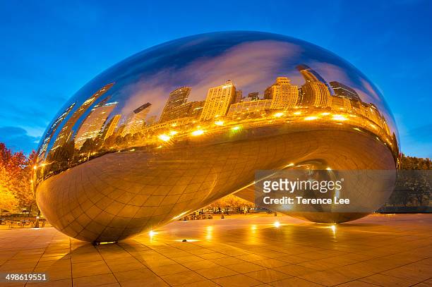 Reflections of Chi-Town on Chicago Bean, Cloud Gate, Millennium Park, Illinois at sunrise