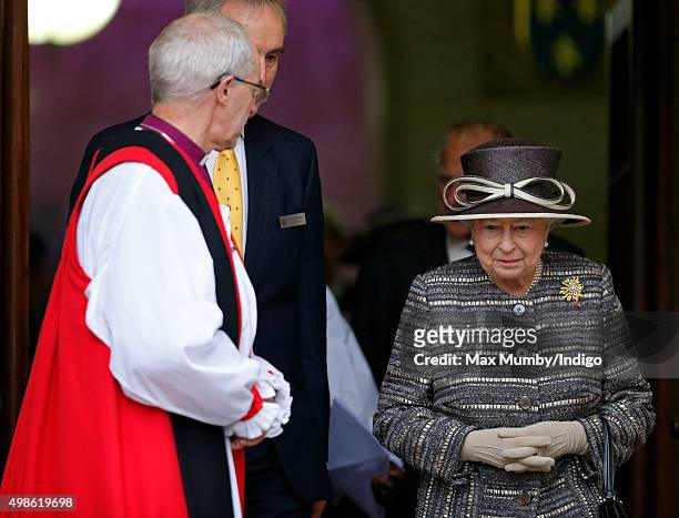 The Most Reverend Justin Welby, Archbishop of Canterbury looks on as Queen Elizabeth II departs Church House after attending the Inauguration of the...