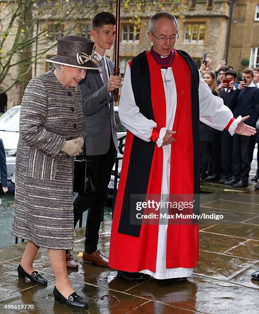 Queen Elizabeth II is greeted by The Most Reverend Justin Welby, Archbishop of Canterbury as she attends the Inauguration of the Tenth General Synod...