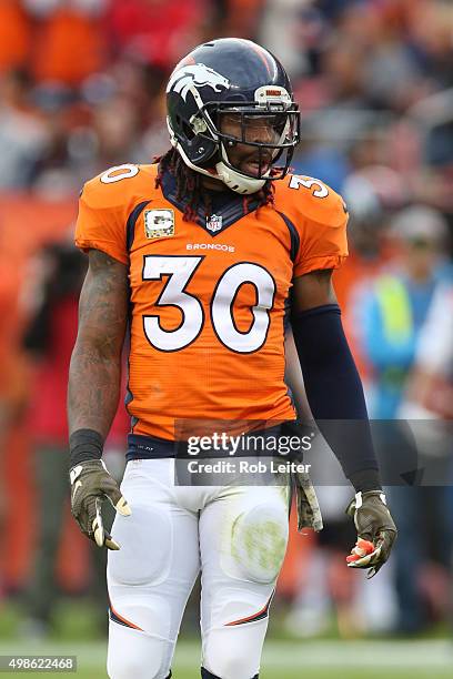 David Bruton Jr. #30 of the Denver Broncos looks on during the game against the Kansas City Chiefs at Sports Authority Field At Mile High on November...
