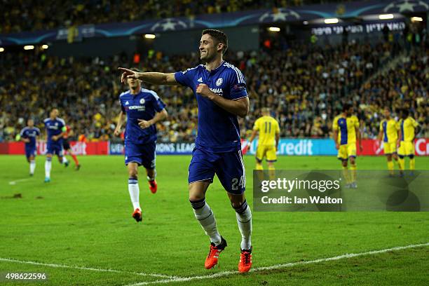 Gary Cahill of Chelsea celebrates scoring the opening goal during the UEFA Champions League Group G match between Maccabi Tel-Aviv FC and Chelsea FC...