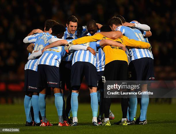 Sam Ricketts of Coventry City leads the tea talk prior to the Sky Bet League One match between Bradford City and Coventry City at Coral Windows...