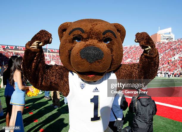 Joe Bruin" the mascot of the UCLA Bruins works the sidelines during a game against the Utah Utes during the first half of a college football game at...