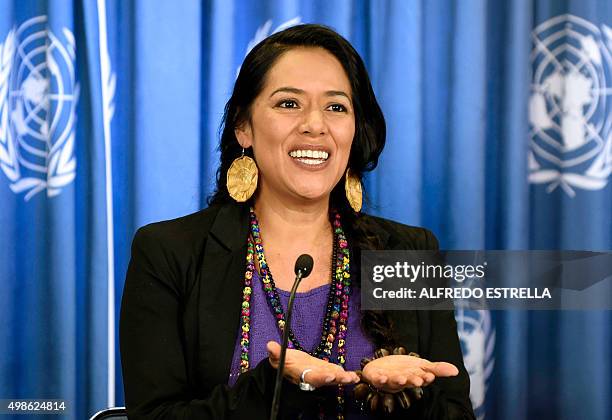Mexican singer and actress Lila Downs speaks during a press conference at the United Nations headquarters in Mexico City on November 24, 2015. Dawns...