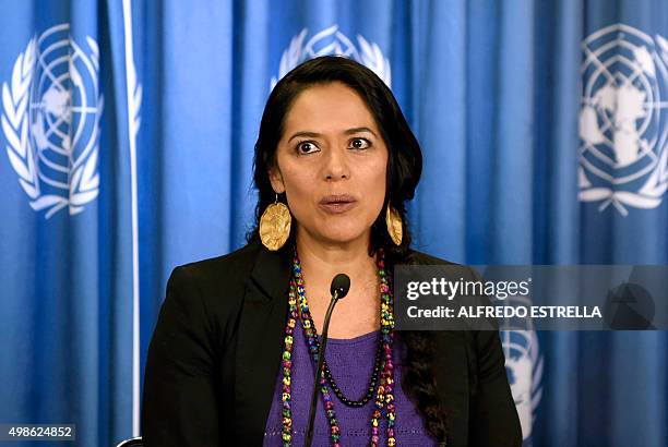 Mexican singer and actress Lila Downs speaks during a press conference at the United Nations headquarters in Mexico City on November 24, 2015. Dawns...