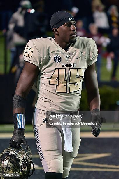Stephen Weatherly of the Vanderbilt Commodores comes onto the field prior to a game against the Texas A&M Aggies at Vanderbilt Stadium on November...
