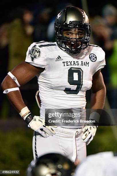 Qualen Cunningham of the Texas A&M Aggies watches from the sideline during a game against the Vanderbilt Commodores at Vanderbilt Stadium on November...