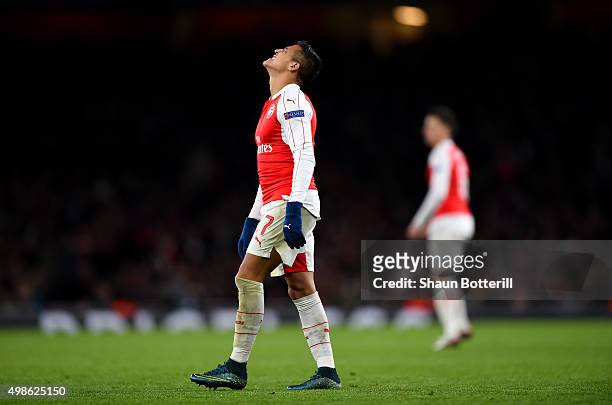 Alexis Sanchez of Arsenal reacts during the UEFA Champions League match between Arsenal FC and GNK Dinamo Zagreb at Emirates Stadium on November 24,...