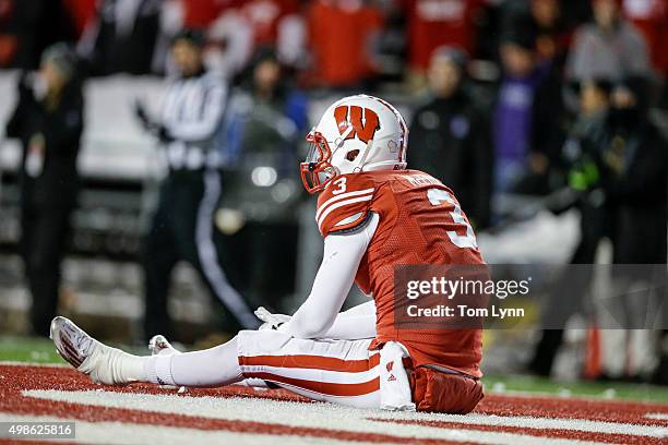 Wide receiver Tanner McEvoy of the Wisconsin Badgers after the final play of the game came up short against Northwestern Wildcats on November 21,...