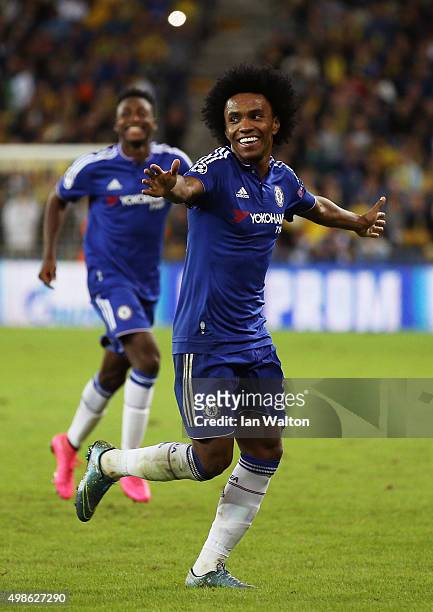 Willian of Chelsea celebrates scoring his teams second goal during the UEFA Champions League Group G match between Maccabi Tel-Aviv FC and Chelsea FC...
