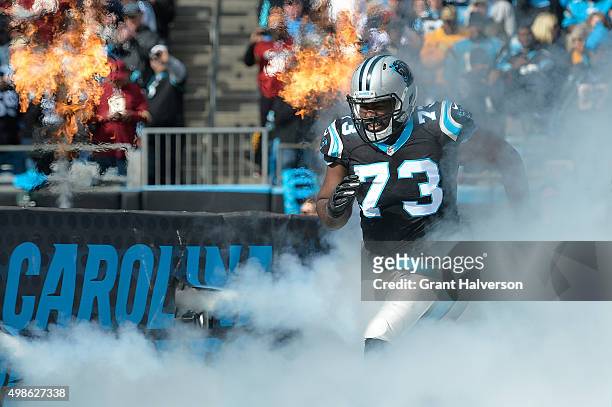 Michael Oher of the Carolina Panthers is introduced during their game against the Washington Redskins at Bank of America Stadium on November 22, 2015...