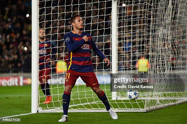 Adriano of Barcelona celebrates scoring his teams sixth goal during the UEFA Champions League Group E match between FC Barcelona and AS Roma at Camp...