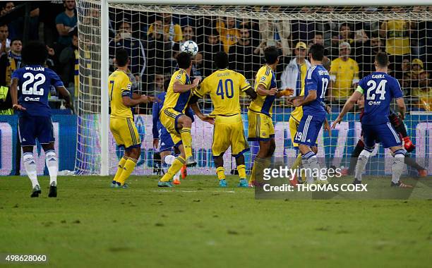 ChelseaÕs Brazilian midfielder Willian scores the team's second goal during the UEFA Champions League, group G, football match between Maccabi Tel...