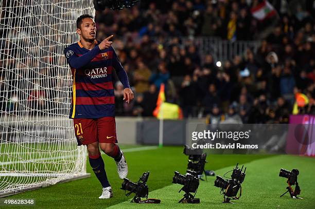 Adriano of Barcelona celebrates scoring his teams sixth goal during the UEFA Champions League Group E match between FC Barcelona and AS Roma at Camp...