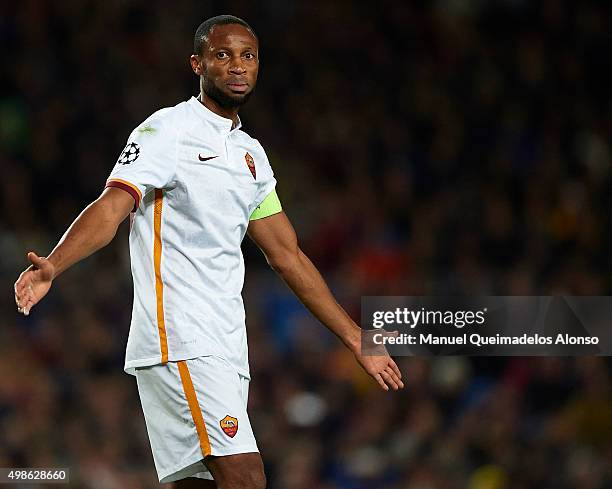 Seydou Keita of Roma reacts during the UEFA Champions League Group E match between FC Barcelona and AS Roma at Camp Nou on November 24, 2015 in...