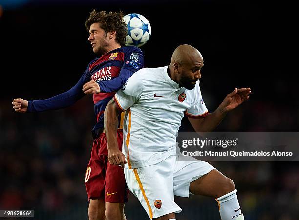 Sergi Roberto of Barcelona battle for the ball with Maicon of Roma during the UEFA Champions League Group E match between FC Barcelona and AS Roma at...