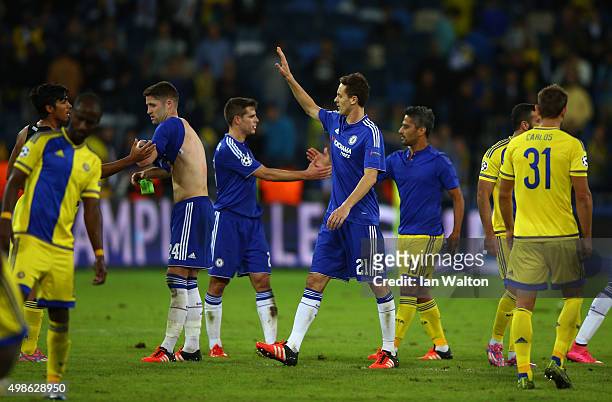Nemanja Matic of Chelsea celebrates victory with team mates after the UEFA Champions League Group G match between Maccabi Tel-Aviv FC and Chelsea FC...