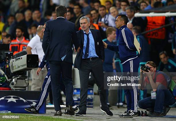 Jose Mourinho, manager of Chelsea shakes hands with Slavisa Jokanovic, coach of Maccabi Tel-Aviv after the UEFA Champions League Group G match...