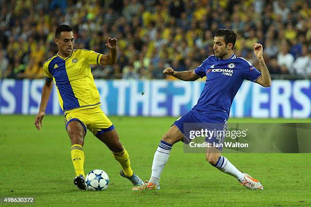 Cesc Fabregas of Chelsea is challenged by Eran Zahavi of Maccabi Tel-Aviv during the UEFA Champions League Group G match between Maccabi Tel-Aviv FC...